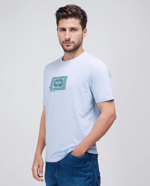 Rare Rabbit Men Jed Dusky Blue Cotton Lycra Fabric Short Sleeve Crew Neck Graphic Print T-Shirt