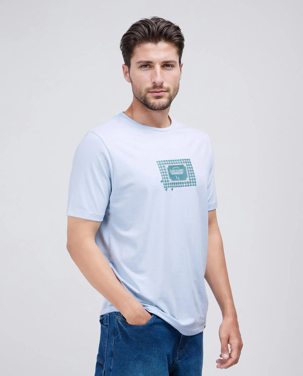 Rare Rabbit Men Jed Dusky Blue Cotton Lycra Fabric Short Sleeve Crew Neck Graphic Print T-Shirt