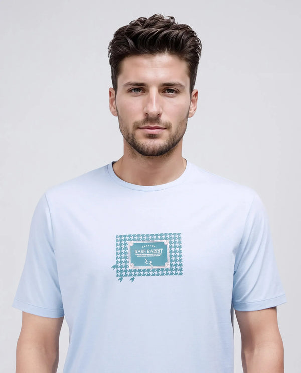 Rare Rabbit Men Jed Dusky Blue Cotton Lycra Fabric Short Sleeve Crew Neck Graphic Print T-Shirt