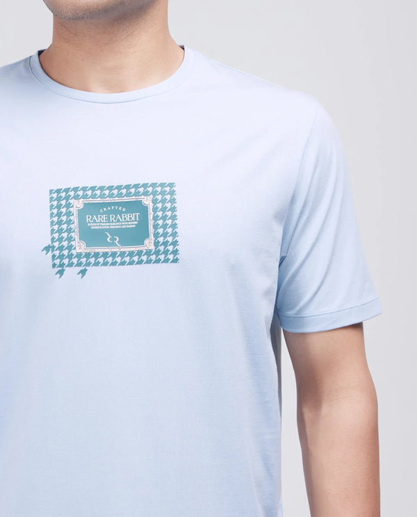 Rare Rabbit Men Jed Dusky Blue Cotton Lycra Fabric Short Sleeve Crew Neck Graphic Print T-Shirt