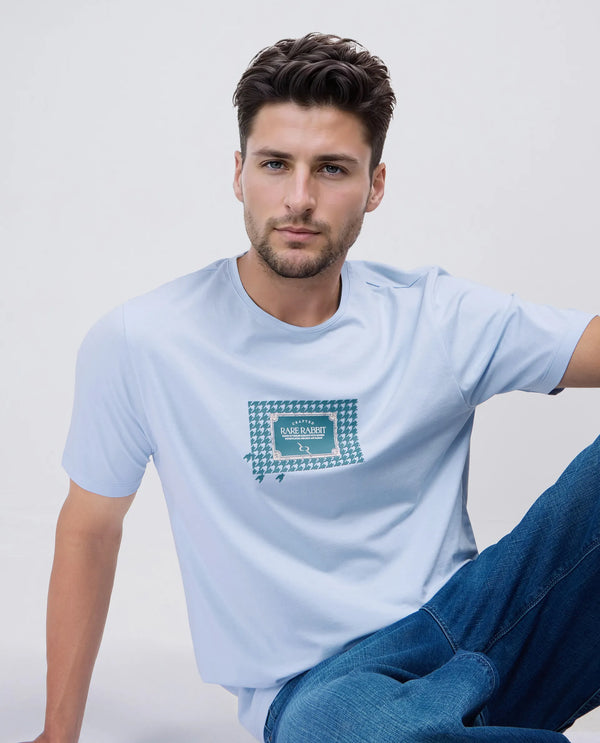 Rare Rabbit Men Jed Dusky Blue Cotton Lycra Fabric Short Sleeve Crew Neck Graphic Print T-Shirt