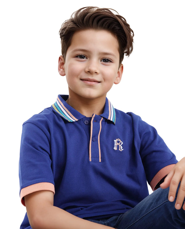 Rare Ones Kids Jef Dark Blue Cotton Short Sleeve Embroidered Polo