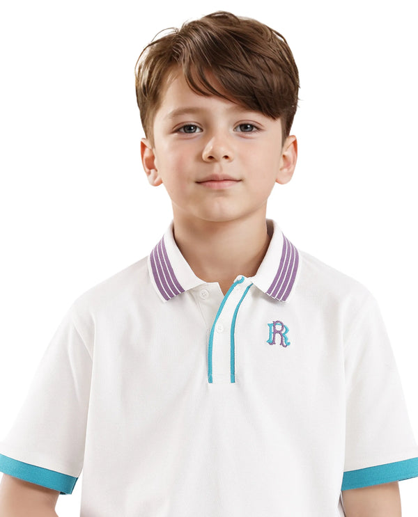 Rare Ones Kids Jef White Cotton Short Sleeve Contrasting Collar Solid Polo
