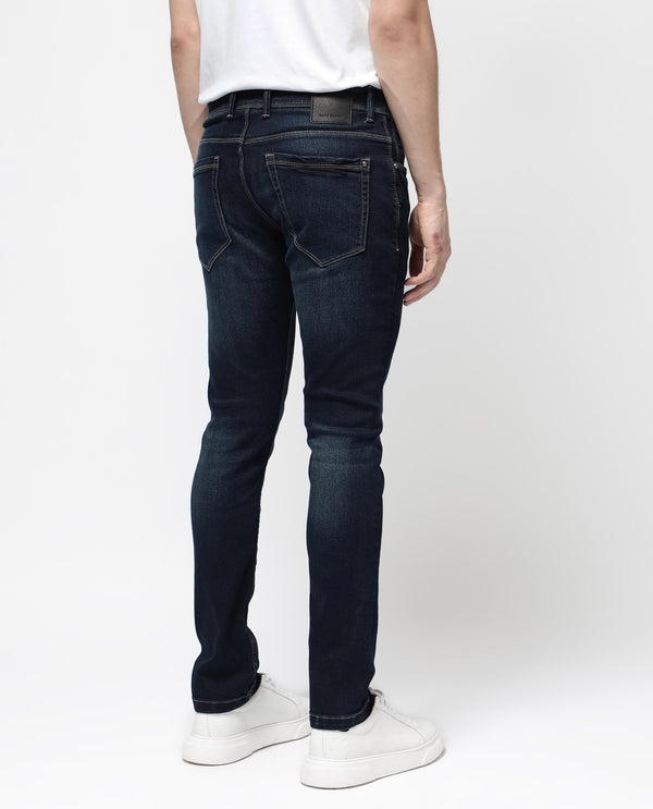 Rare Rabbit Mens Jena Dusky Blue Mid Rise Dark Wash Slim Fit Jeans