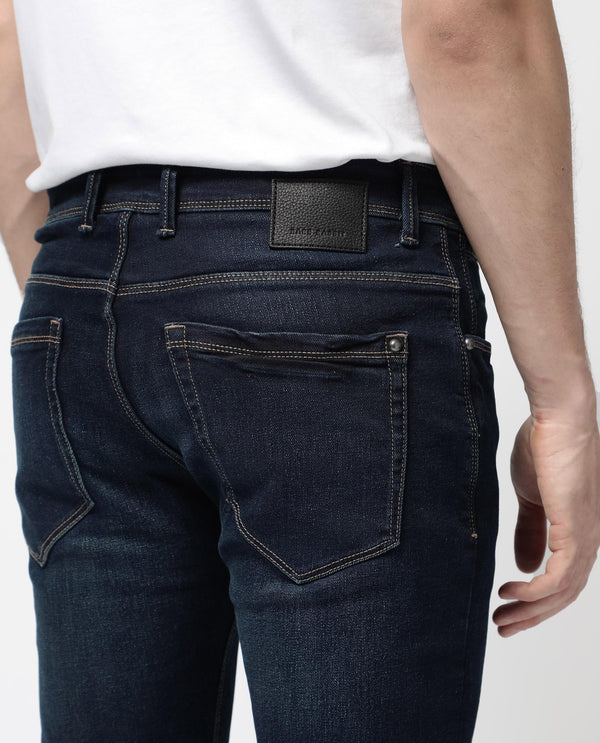 Rare Rabbit Mens Jena Dusky Blue Mid Rise Dark Wash Slim Fit Jeans
