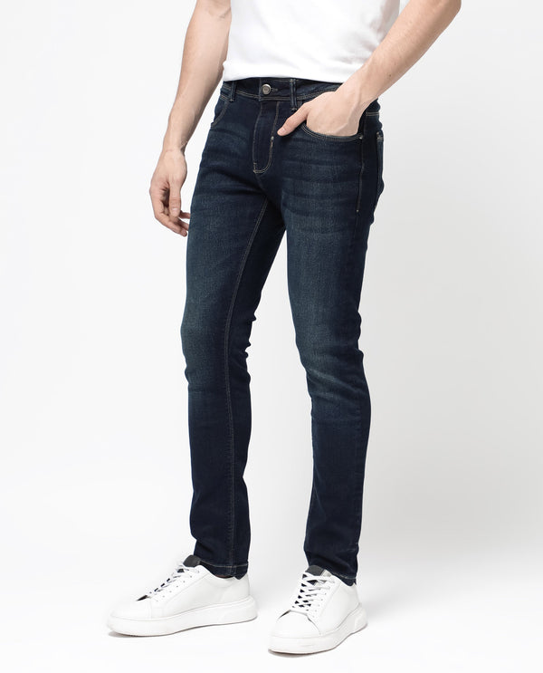 Rare Rabbit Mens Jena Dusky Blue Mid Rise Dark Wash Slim Fit Jeans
