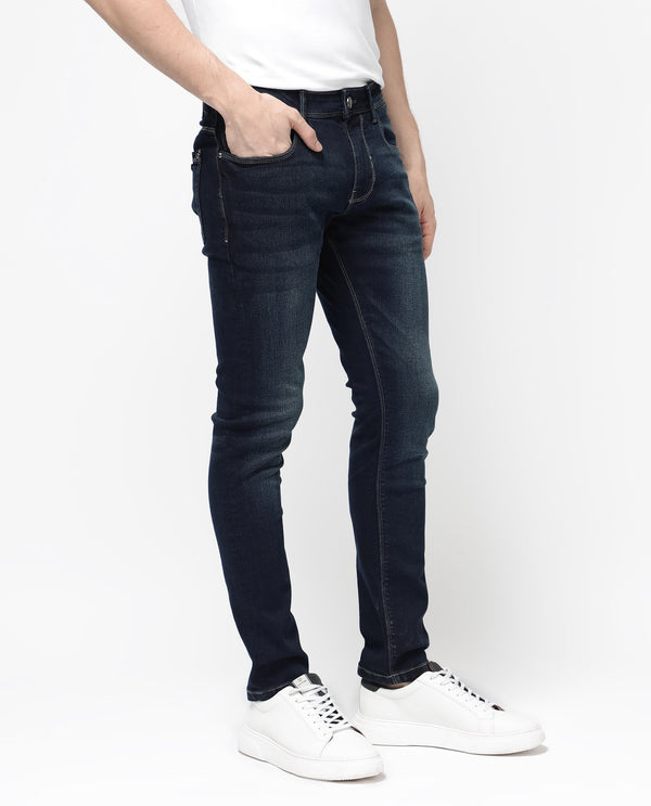 Rare Rabbit Mens Jena Dusky Blue Mid Rise Dark Wash Slim Fit Jeans
