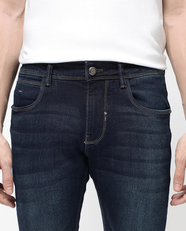Rare Rabbit Mens Jena Dusky Blue Mid Rise Dark Wash Slim Fit Jeans