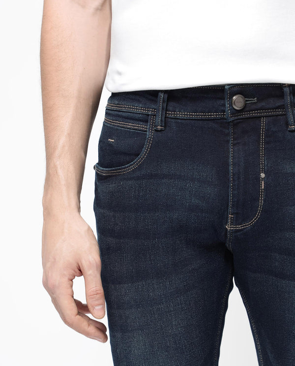 Rare Rabbit Mens Jena Dusky Blue Mid Rise Dark Wash Slim Fit Jeans