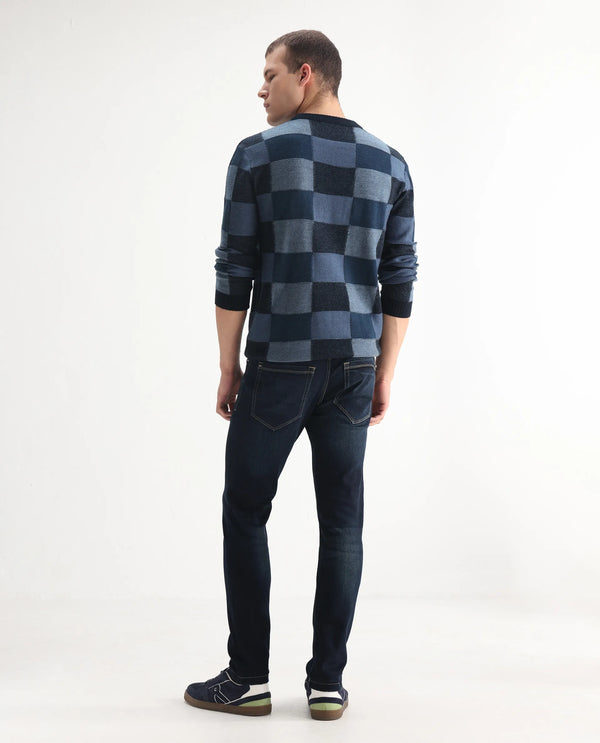 Rare Rabbit Mens Jena Dusky Blue Mid Rise Dark Wash Slim Fit Jeans