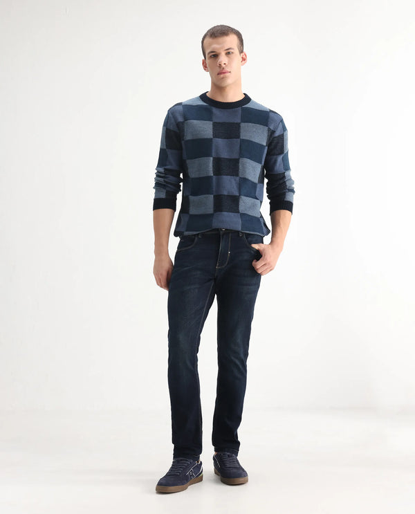 Rare Rabbit Mens Jena Dusky Blue Mid Rise Dark Wash Slim Fit Jeans