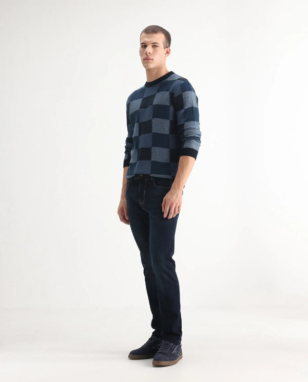 Rare Rabbit Mens Jena Dusky Blue Mid Rise Dark Wash Slim Fit Jeans