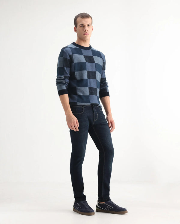 Rare Rabbit Mens Jena Dusky Blue Mid Rise Dark Wash Slim Fit Jeans