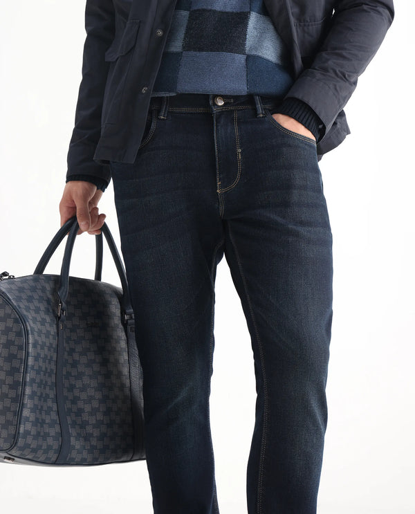 Rare Rabbit Mens Jena Dusky Blue Mid Rise Dark Wash Slim Fit Jeans