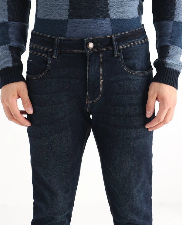 Rare Rabbit Mens Jena Dusky Blue Mid Rise Dark Wash Slim Fit Jeans