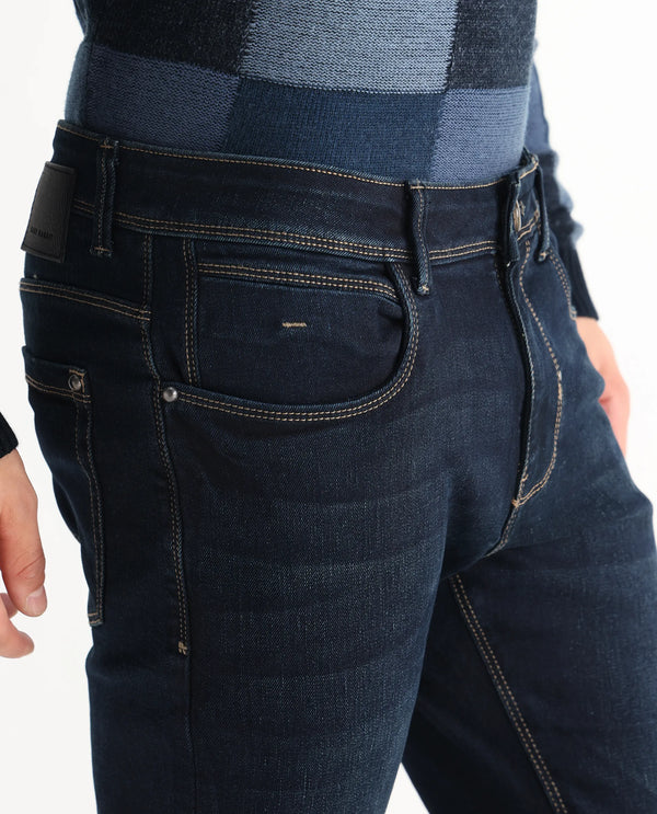 Rare Rabbit Mens Jena Dusky Blue Mid Rise Dark Wash Slim Fit Jeans