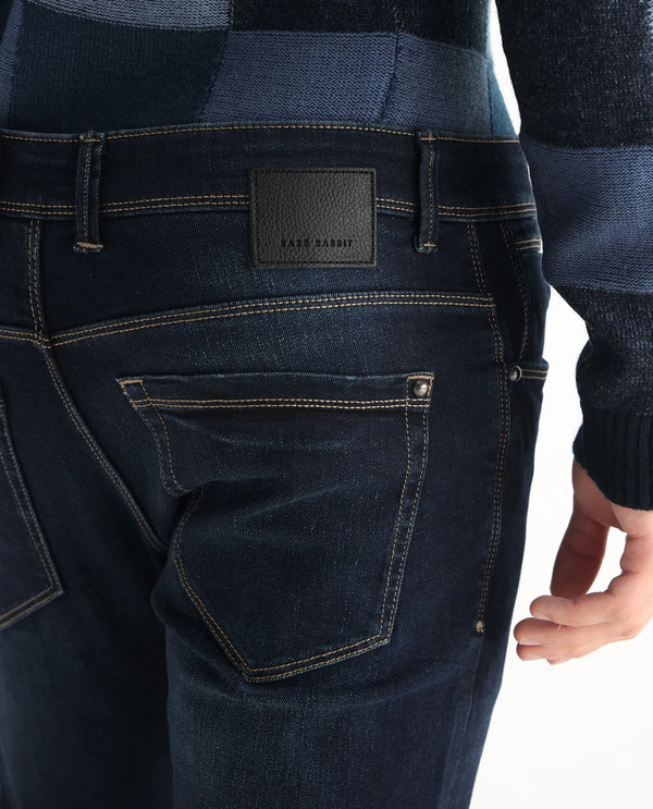 Rare Rabbit Mens Jena Dusky Blue Mid Rise Dark Wash Slim Fit Jeans