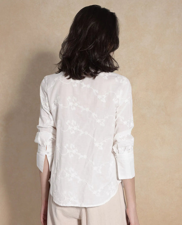 Rareism Women Jeneiro White Cotton Fabric Cuffed Sleeves Tie Up Neck Plain Shirt