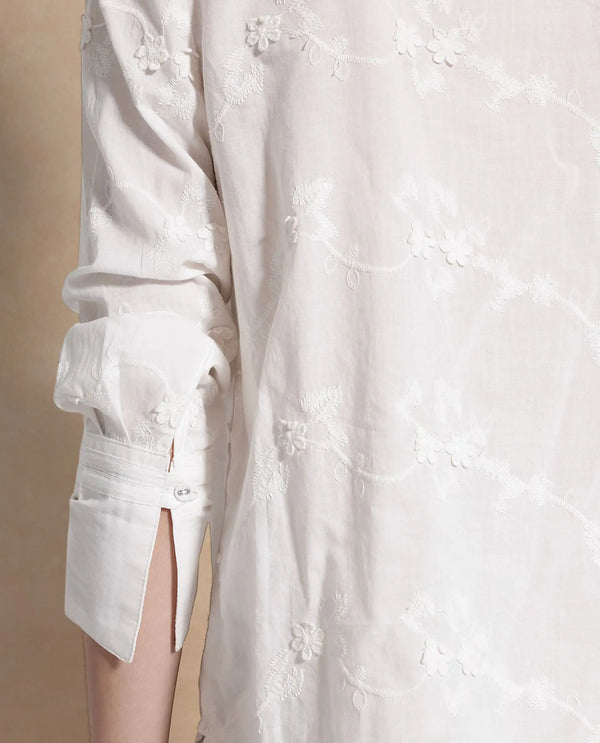 Rareism Women Jeneiro White Cotton Fabric Cuffed Sleeves Tie Up Neck Plain Shirt