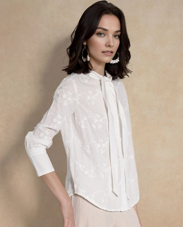 Rareism Women Jeneiro White Cotton Fabric Cuffed Sleeves Tie Up Neck Plain Shirt