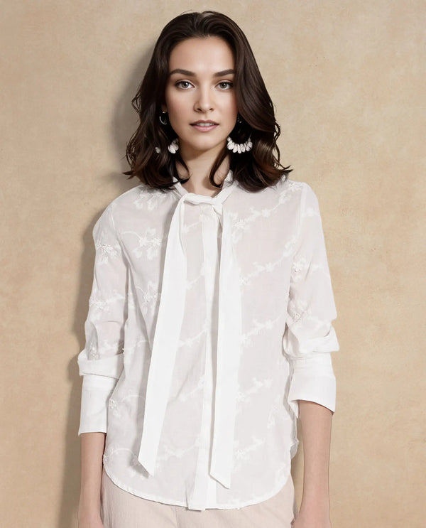Rareism Women Jeneiro White Cotton Fabric Cuffed Sleeves Tie Up Neck Plain Shirt