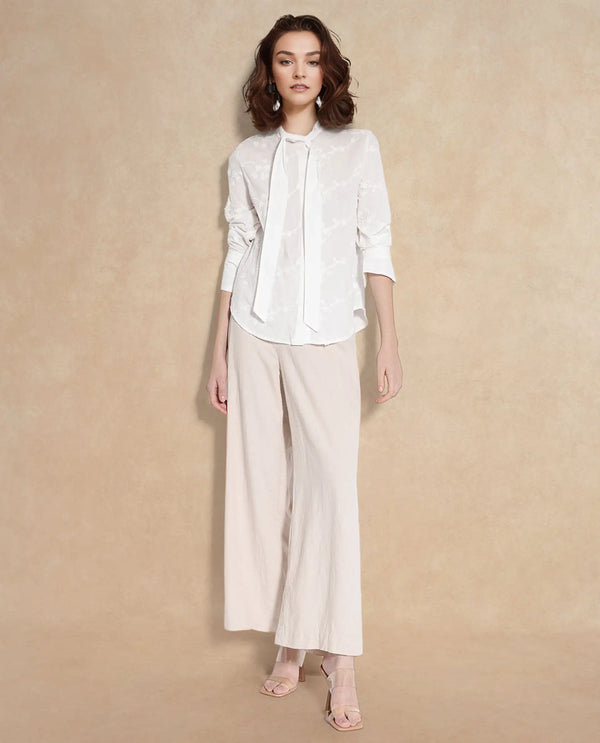 Rareism Women Jeneiro White Cotton Fabric Cuffed Sleeves Tie Up Neck Plain Shirt