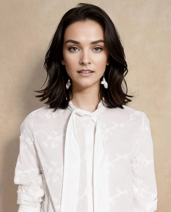 Rareism Women Jeneiro White Cotton Fabric Cuffed Sleeves Tie Up Neck Plain Shirt