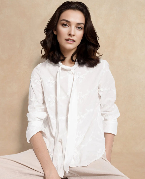 Rareism Women Jeneiro White Cotton Fabric Cuffed Sleeves Tie Up Neck Plain Shirt