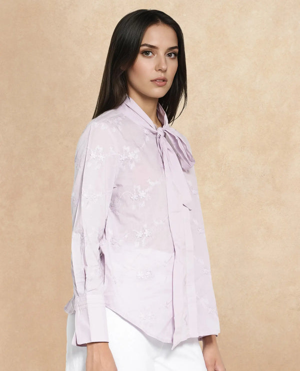 Rareism Women Jeneiro Pastel Purple Cotton Fabric Cuffed Sleeves Tie Up Neck Plain Shirt