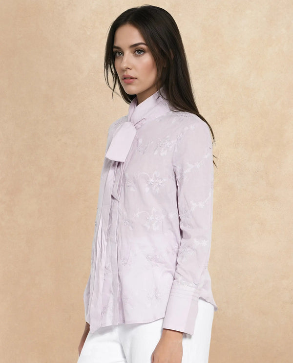 Rareism Women Jeneiro Pastel Purple Cotton Fabric Cuffed Sleeves Tie Up Neck Plain Shirt