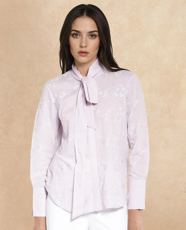 Rareism Women Jeneiro Pastel Purple Cotton Fabric Cuffed Sleeves Tie Up Neck Plain Shirt