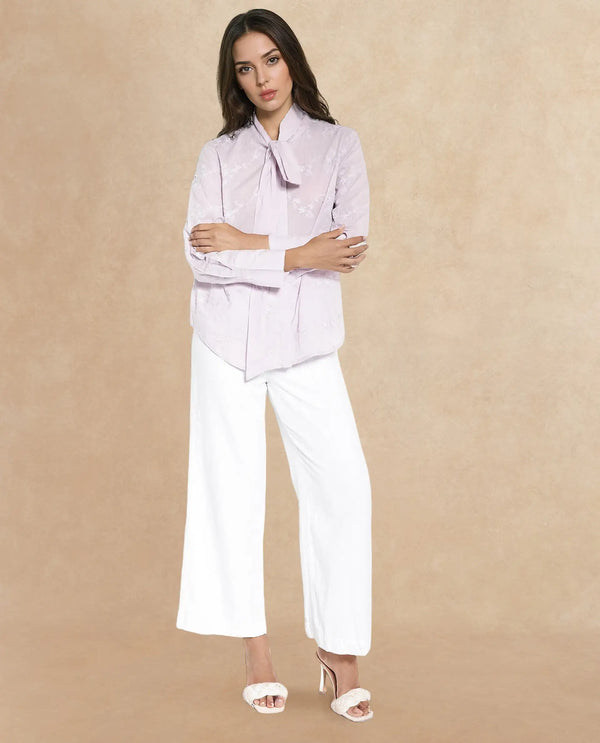 Rareism Women Jeneiro Pastel Purple Cotton Fabric Cuffed Sleeves Tie Up Neck Plain Shirt