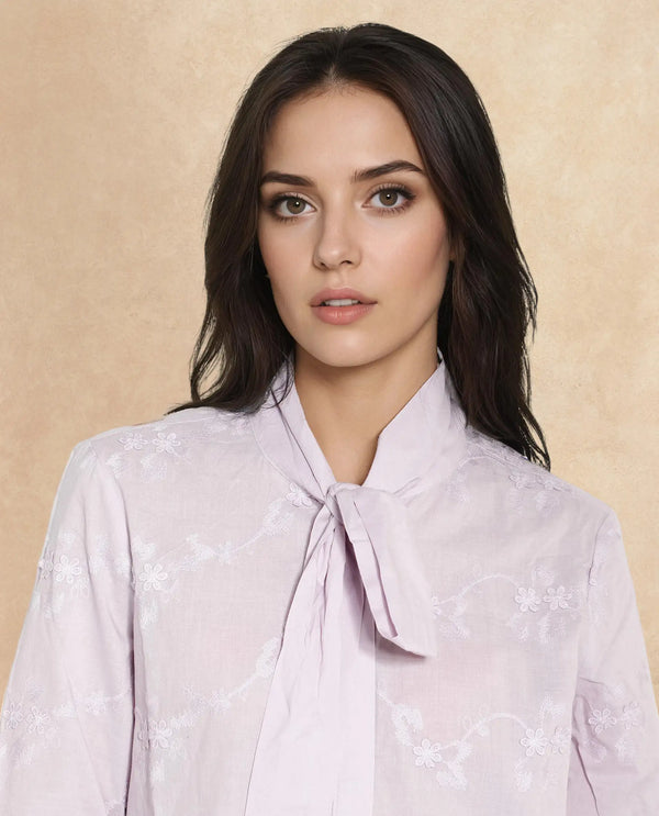 Rareism Women Jeneiro Pastel Purple Cotton Fabric Cuffed Sleeves Tie Up Neck Plain Shirt