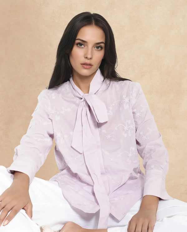Rareism Women Jeneiro Pastel Purple Cotton Fabric Cuffed Sleeves Tie Up Neck Plain Shirt
