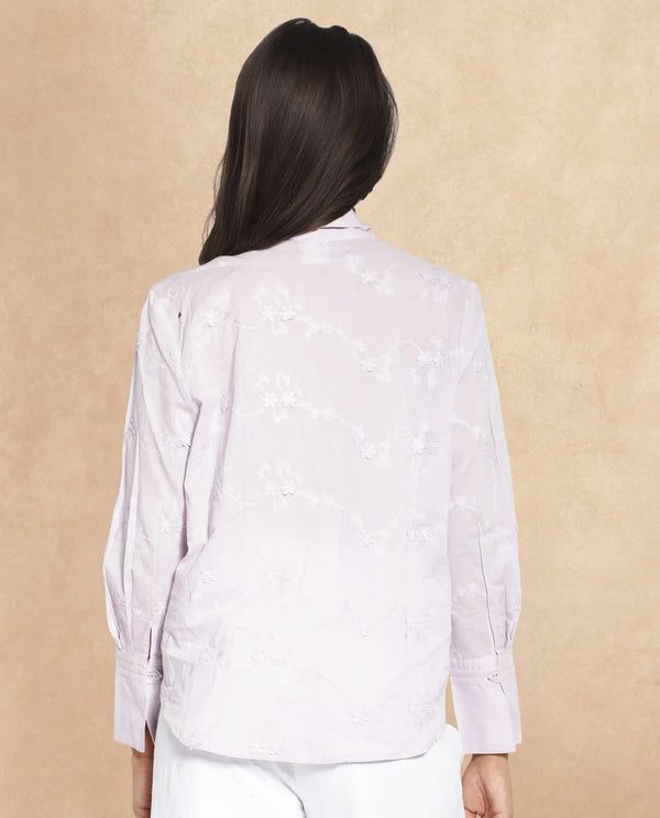 Rareism Women Jeneiro Pastel Purple Cotton Fabric Cuffed Sleeves Tie Up Neck Plain Shirt