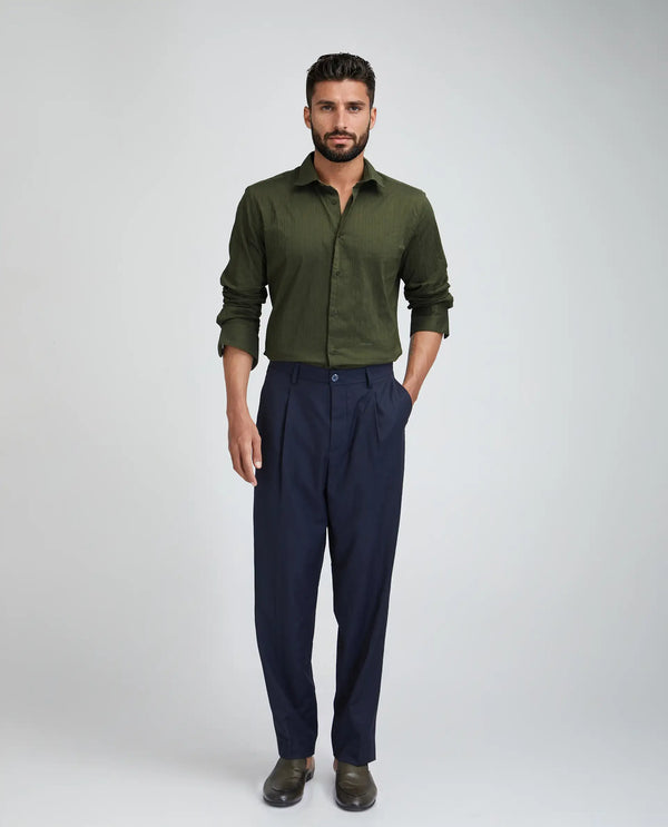 Rare Rabbit Men Jerna-B Olive Cotton Blend Fabric Full Sleeve Collared Neck Button Closure Striped Shirt
