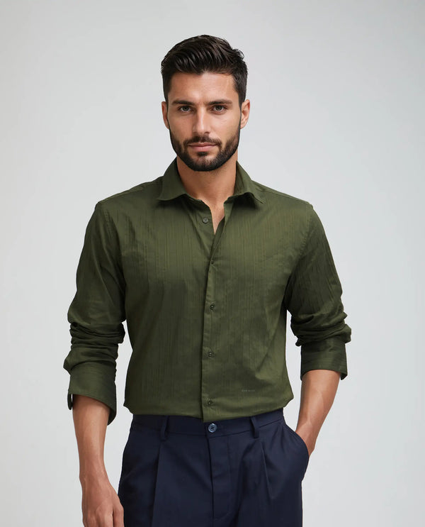 Rare Rabbit Men Jerna-B Olive Cotton Blend Fabric Full Sleeve Collared Neck Button Closure Striped Shirt
