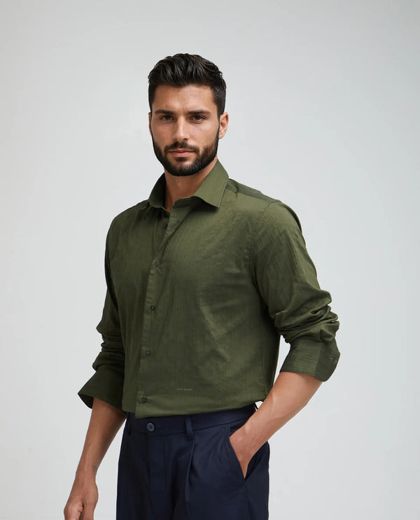 Rare Rabbit Men Jerna-B Olive Cotton Blend Fabric Full Sleeve Collared Neck Button Closure Striped Shirt