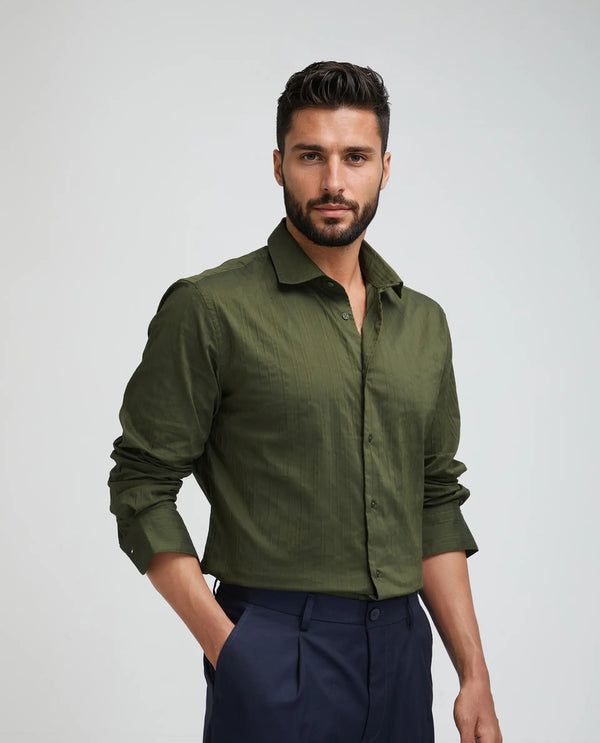 Rare Rabbit Men Jerna-B Olive Cotton Blend Fabric Full Sleeve Collared Neck Button Closure Striped Shirt