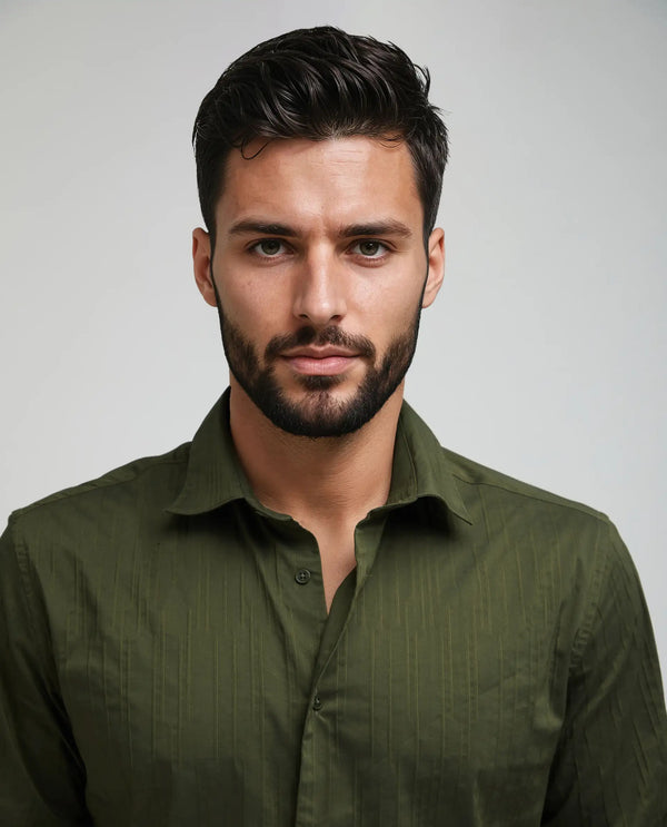 Rare Rabbit Men Jerna-B Olive Cotton Blend Fabric Full Sleeve Collared Neck Button Closure Striped Shirt