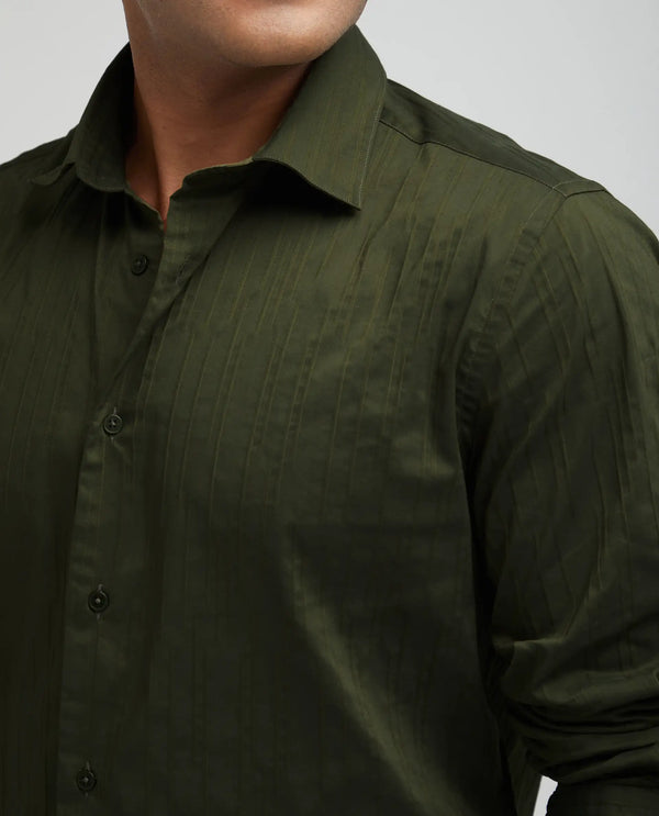 Rare Rabbit Men Jerna-B Olive Cotton Blend Fabric Full Sleeve Collared Neck Button Closure Striped Shirt