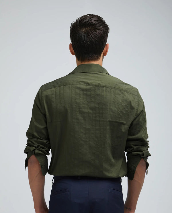 Rare Rabbit Men Jerna-B Olive Cotton Blend Fabric Full Sleeve Collared Neck Button Closure Striped Shirt