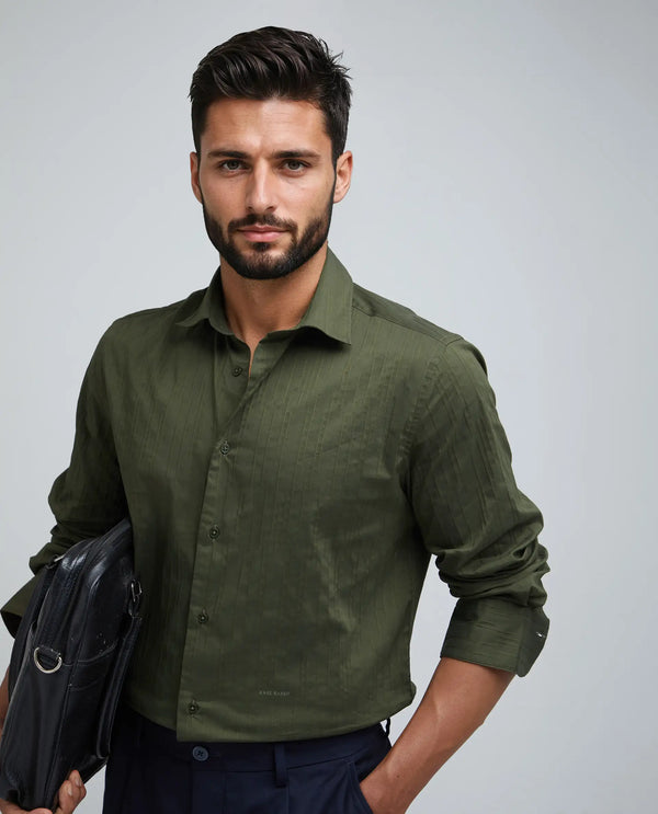 Rare Rabbit Men Jerna-B Olive Cotton Blend Fabric Full Sleeve Collared Neck Button Closure Striped Shirt