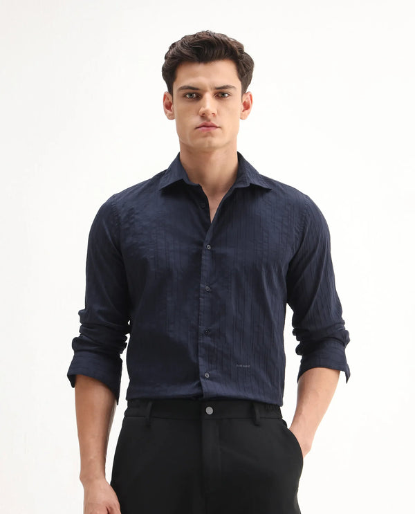 Rare Rabbit Men Jerna-B Navy Cotton Blend Fabric Full Sleeve Collared Neck Button Closure Striped Shirt