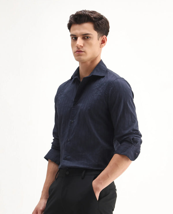 Rare Rabbit Men Jerna-B Navy Cotton Blend Fabric Full Sleeve Collared Neck Button Closure Striped Shirt