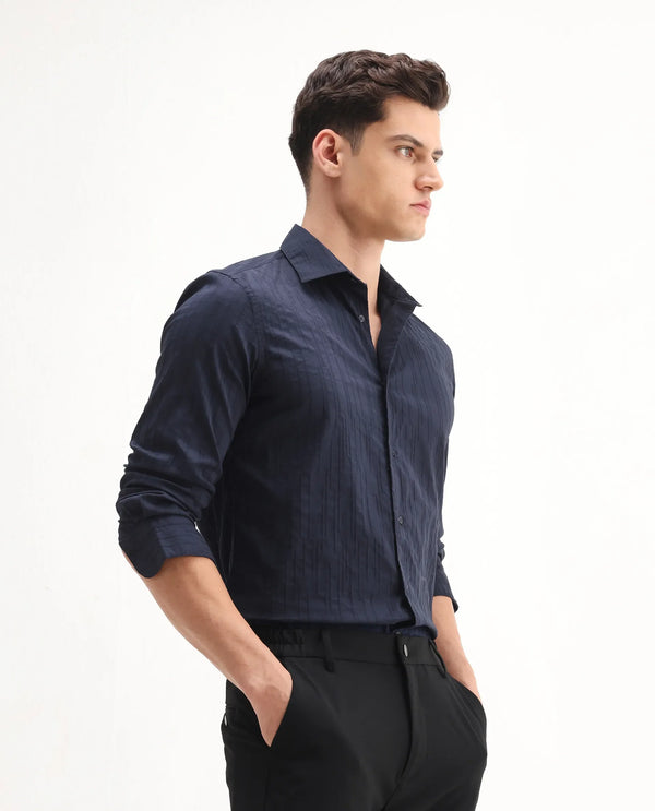 Rare Rabbit Men Jerna-B Navy Cotton Blend Fabric Full Sleeve Collared Neck Button Closure Striped Shirt