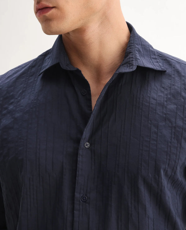 Rare Rabbit Men Jerna-B Navy Cotton Blend Fabric Full Sleeve Collared Neck Button Closure Striped Shirt