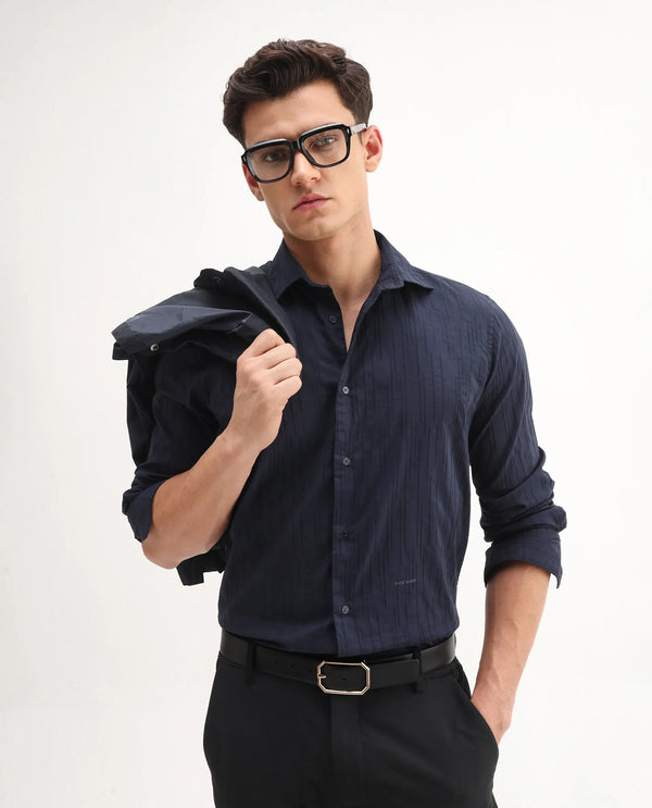 Rare Rabbit Men Jerna-B Navy Cotton Blend Fabric Full Sleeve Collared Neck Button Closure Striped Shirt