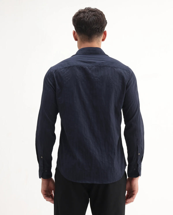 Rare Rabbit Men Jerna-B Navy Cotton Blend Fabric Full Sleeve Collared Neck Button Closure Striped Shirt
