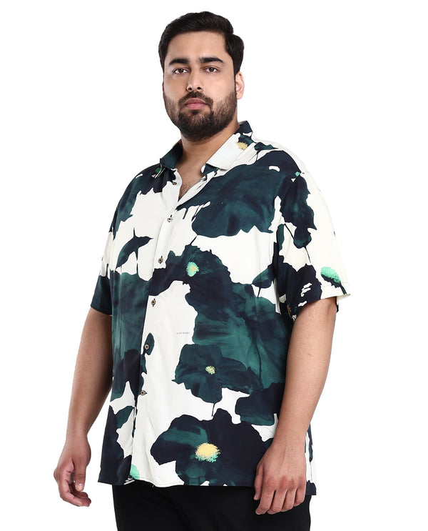 Rare Rabbit Men's Jersey Green Cotton Fabric Floral Print Half Sleeves Shirt Plus Size
